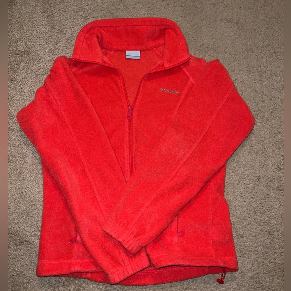 Women Columbia Fleece Jacket - Elastic Waist, Zipper Pocket -Medium, Salmon Pink